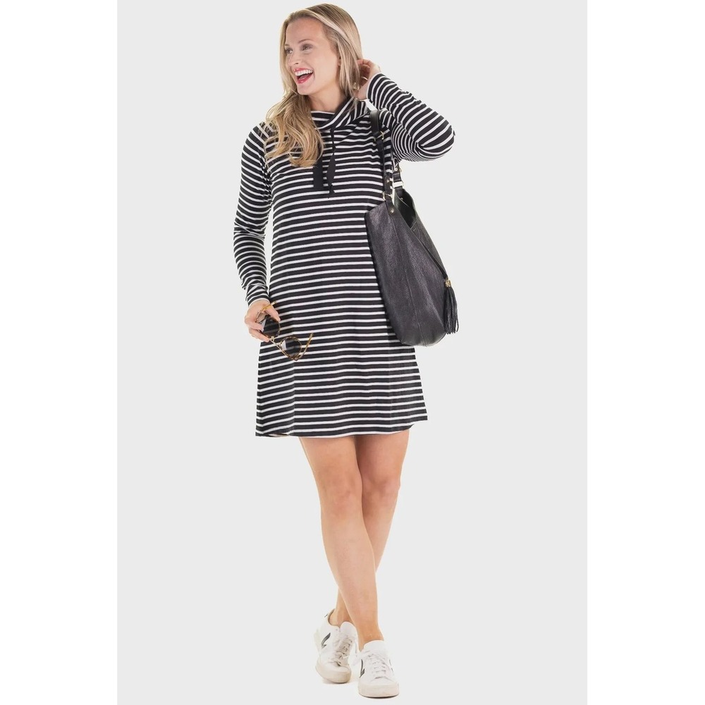 Foil Women's Striped Long Sleeve Tunic Dress‎ Drawstring Funnel Neck- Size M